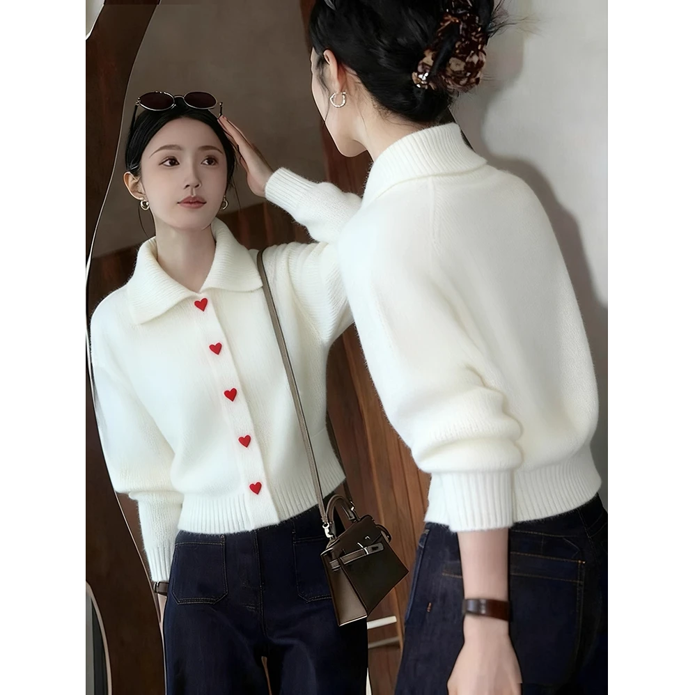 韩版时尚温柔风爱心纽扣针织衫女2025秋季新款慵懒风百搭显瘦外套