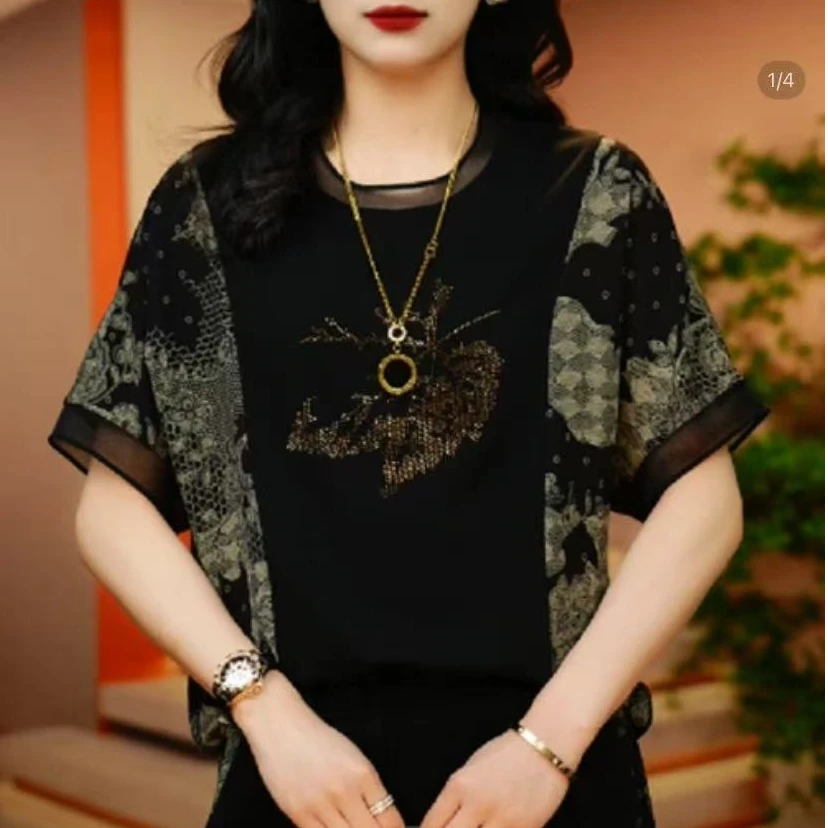 枫叶蕾丝-上衣新款烫钻时尚舒适百搭减龄优雅轻奢气质印花宽松