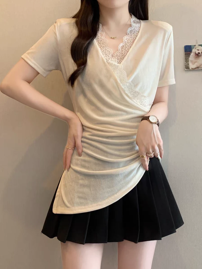 2598气质性感V领蕾丝边收腰修身打底上衣