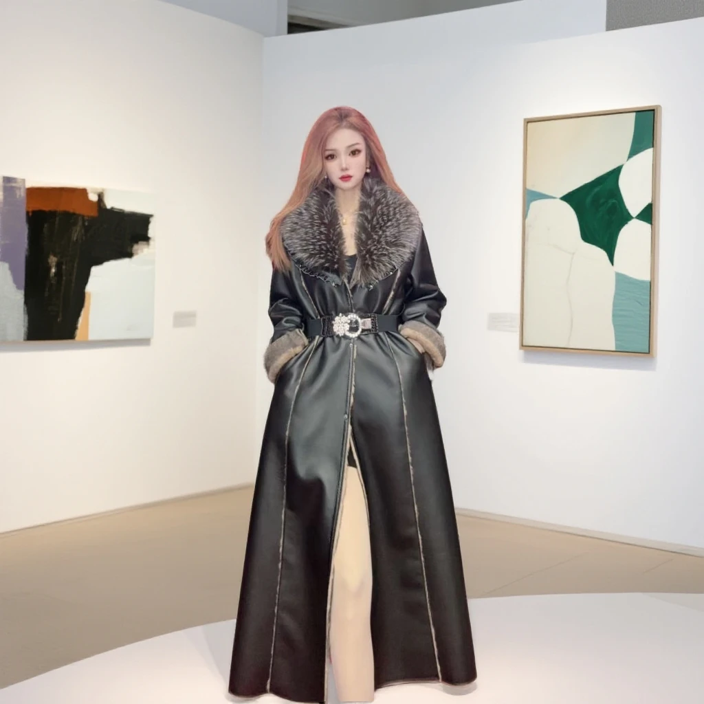 【空山雨落时】冬季新款法式毛朝里皮朝外长款大毛领花边外套