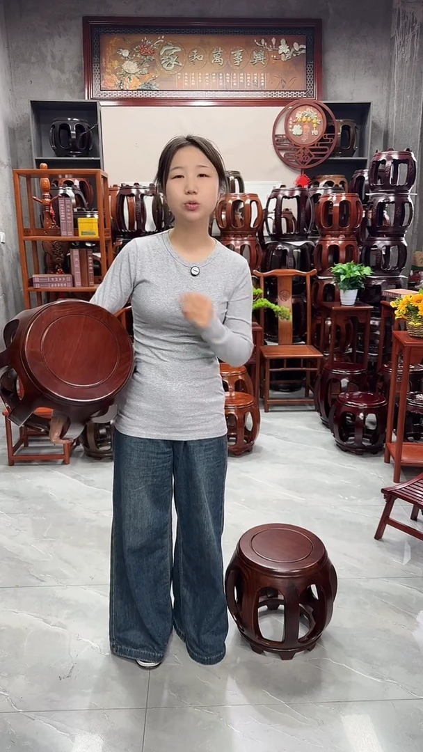 花梨木类家具胡桃色大号鼓凳一对（两条）