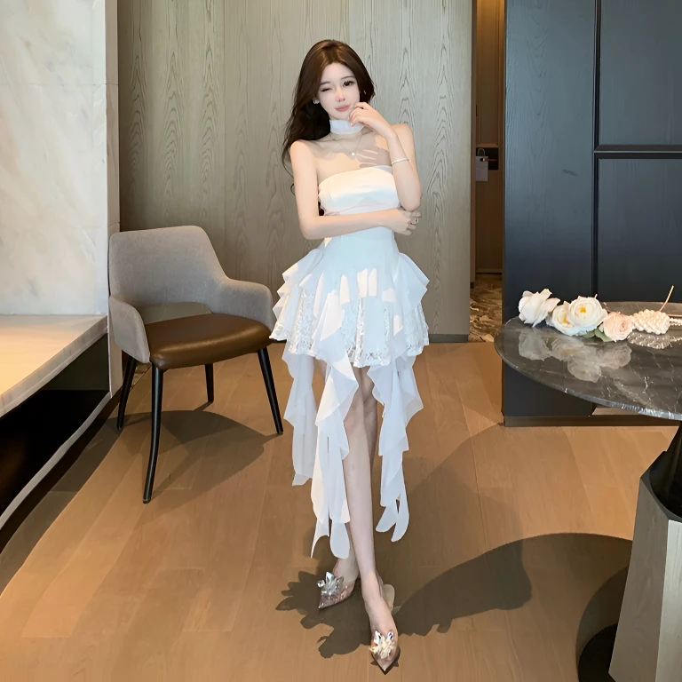 千金风不规则蕾丝抹胸裙纯欲性感夏季新款收腰显瘦飘带生日连衣裙