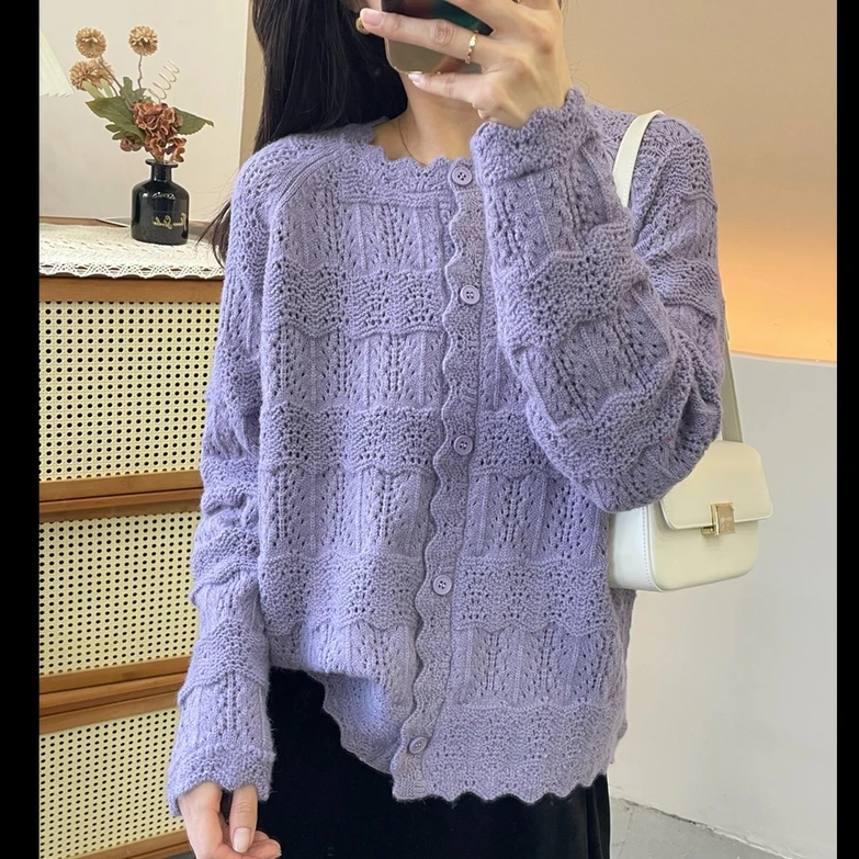 温柔风早春针织开衫女重工钩花新款圆领花边宽松长袖气质毛衣外套