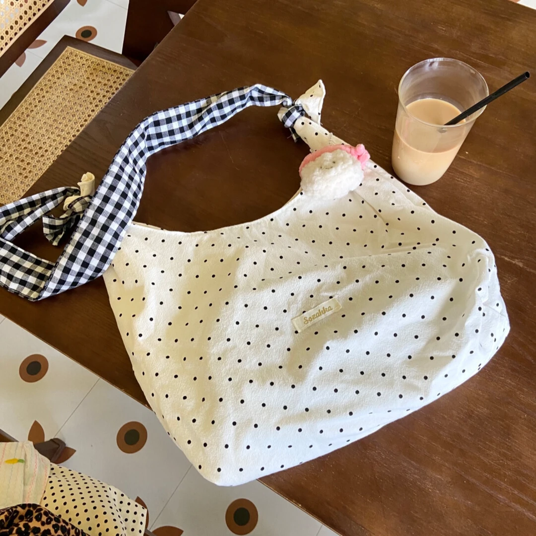 小清新可爱波点包包女2025新款温柔系帆布包休闲简约单肩包通勤包