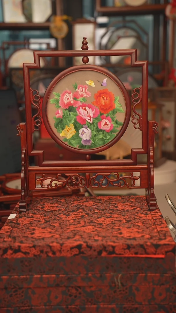 扇子五福架 苏绣双面绣五福架 35乘41