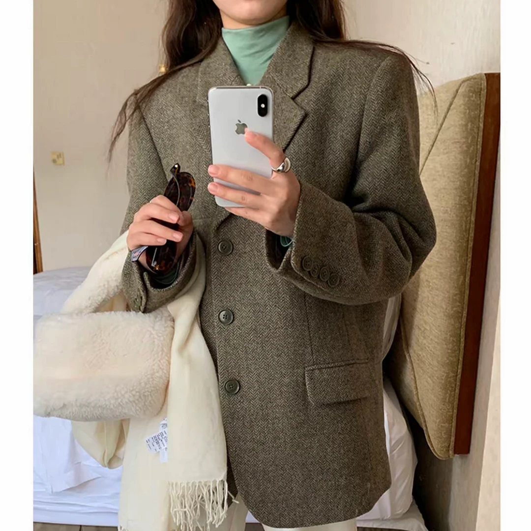 韩版复古杂绿色毛呢西装大衣女秋冬季新款高级感宽松休闲呢子外套