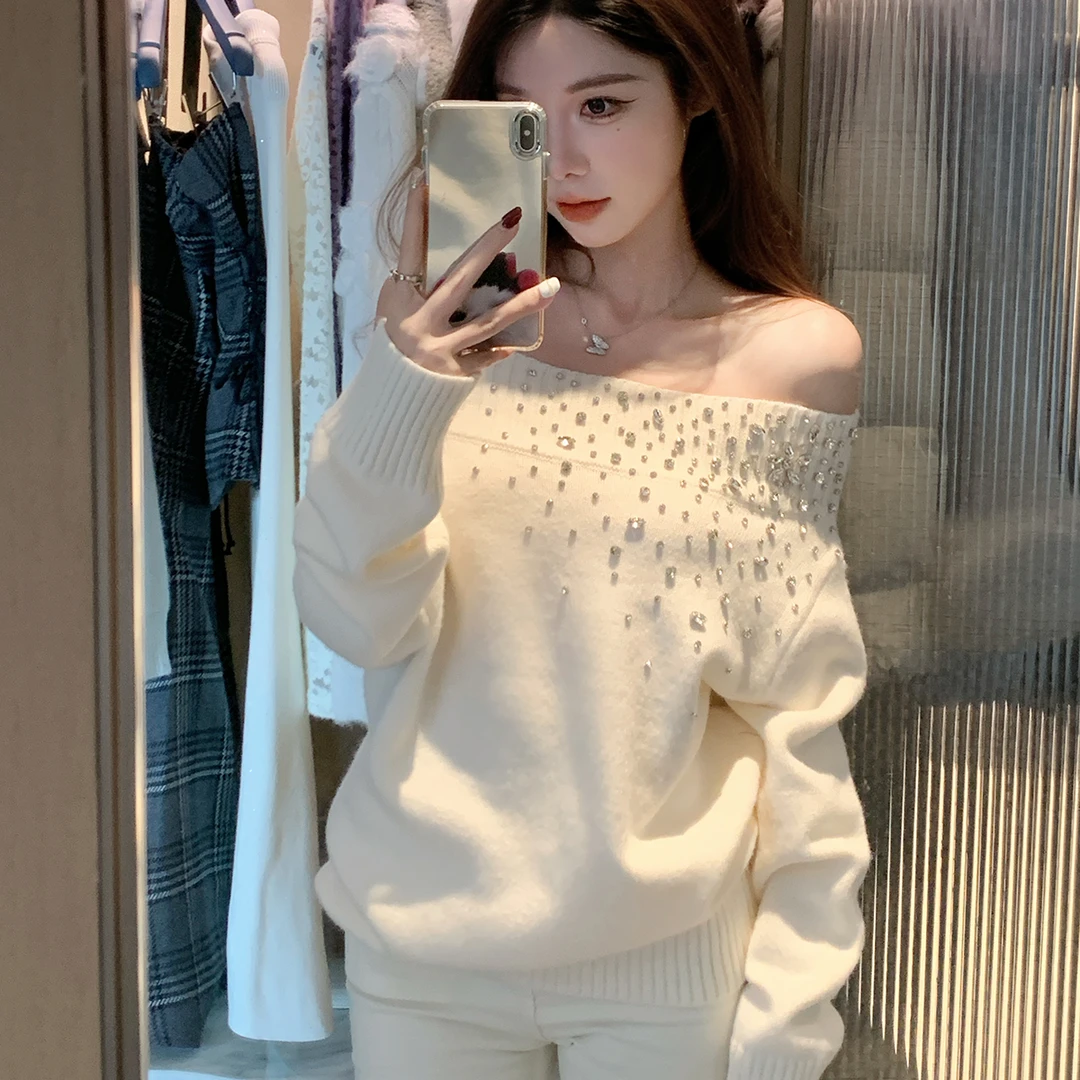 韩系一字肩带钻毛衣针织衫秋冬千金风生日穿搭巨好看气质露肩上衣