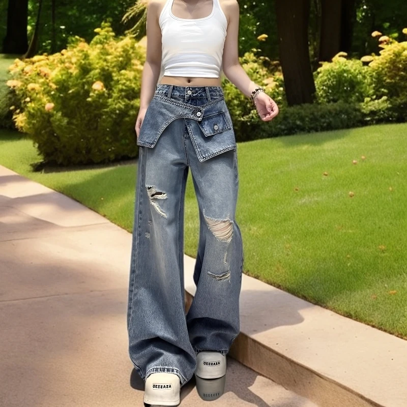 破洞早秋显瘦宽松美式直筒牛仔裤2025今年流行炸街潮流窄版裤子