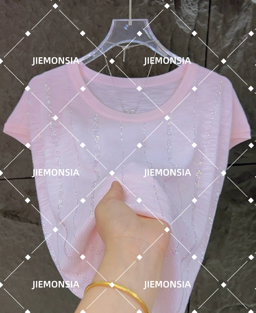 2025夏季新款竹节麻薄款气质镶钻轻奢圆领简约网红飞飞袖