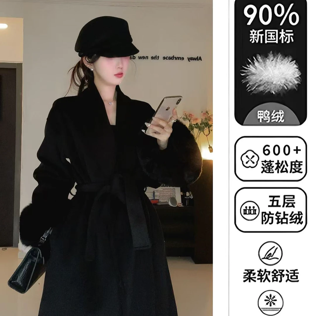 【十二】新版升级版羽绒秋冬宽松百搭双面呢羊毛大衣+同色系毛领003