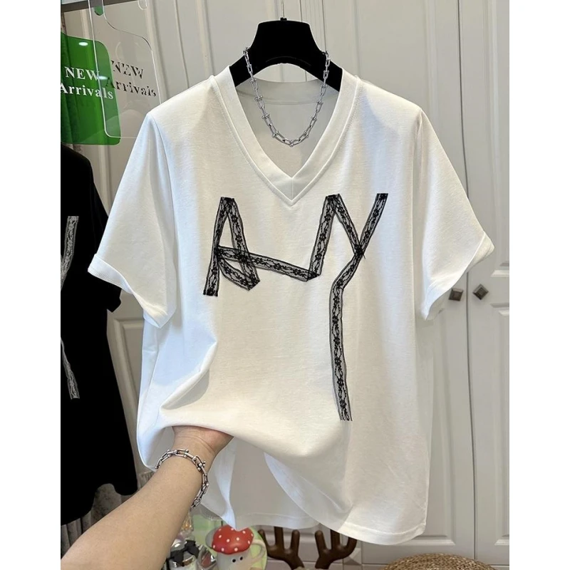 6536设计感小众V领蕾丝垫肩短袖T恤女上衣白色正肩宽松百搭夏季款