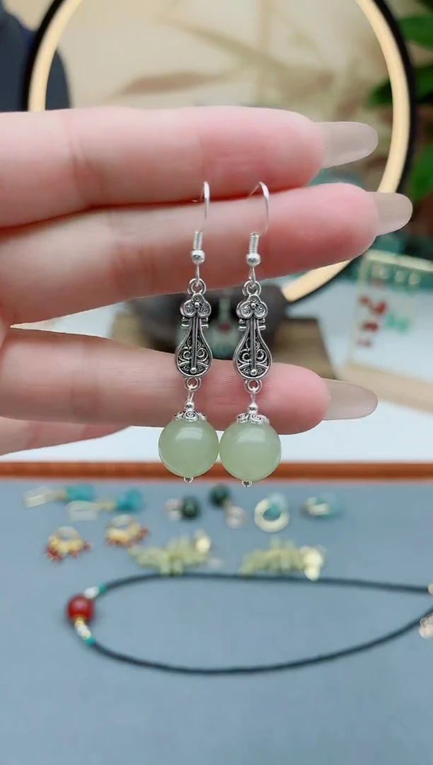 玛瑙/玉髓耳饰银S925镶嵌623青色