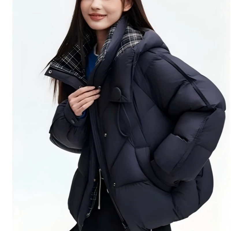 【25年新款】拼接短款格子帽女爆款羽绒服外套