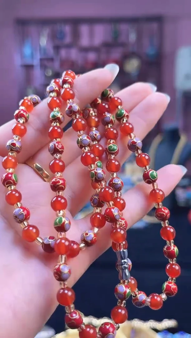 非遗 景泰蓝手串+项链 0.6 红色