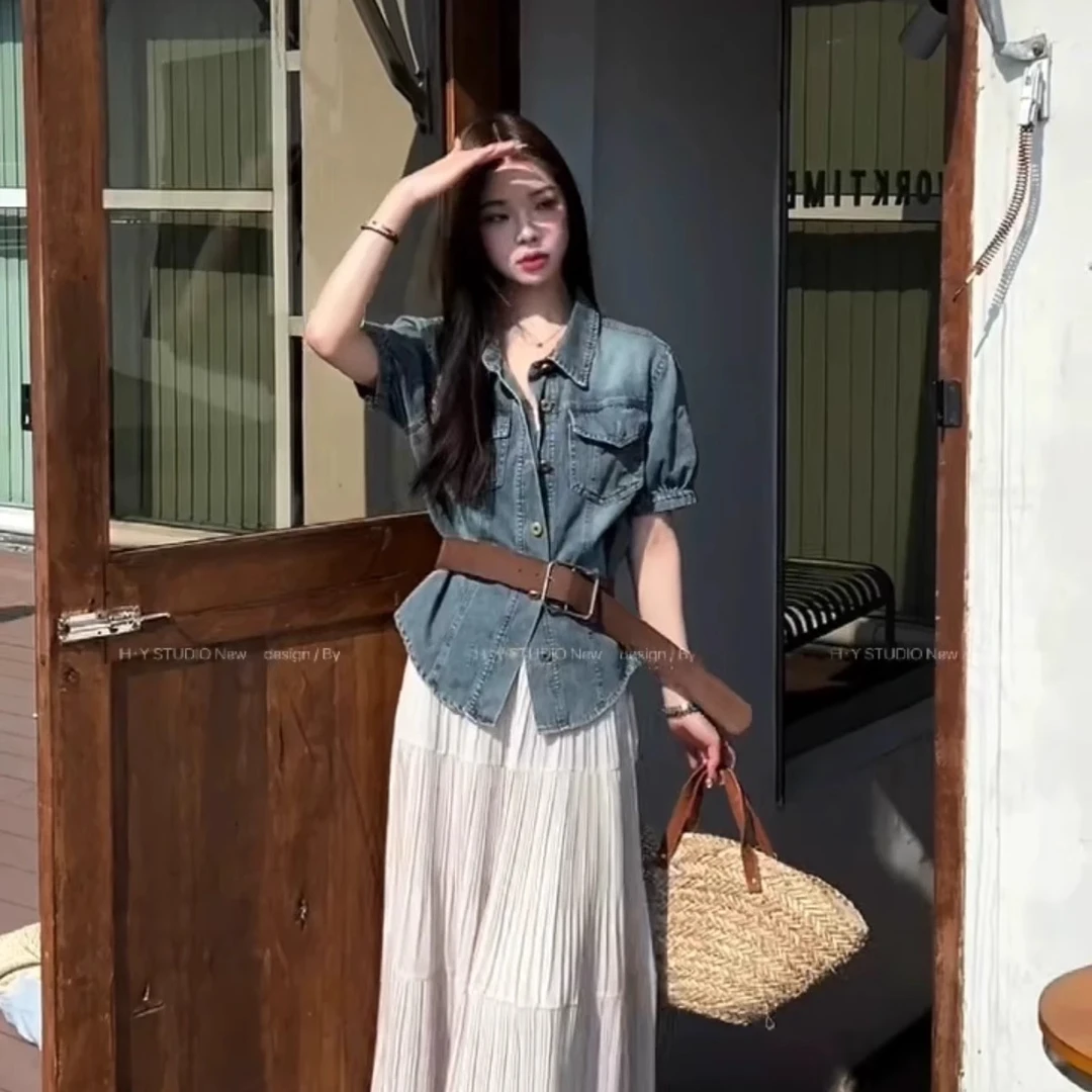港风复古正肩收腰显瘦牛仔外套打底衫女装春夏polo领短袖上衣