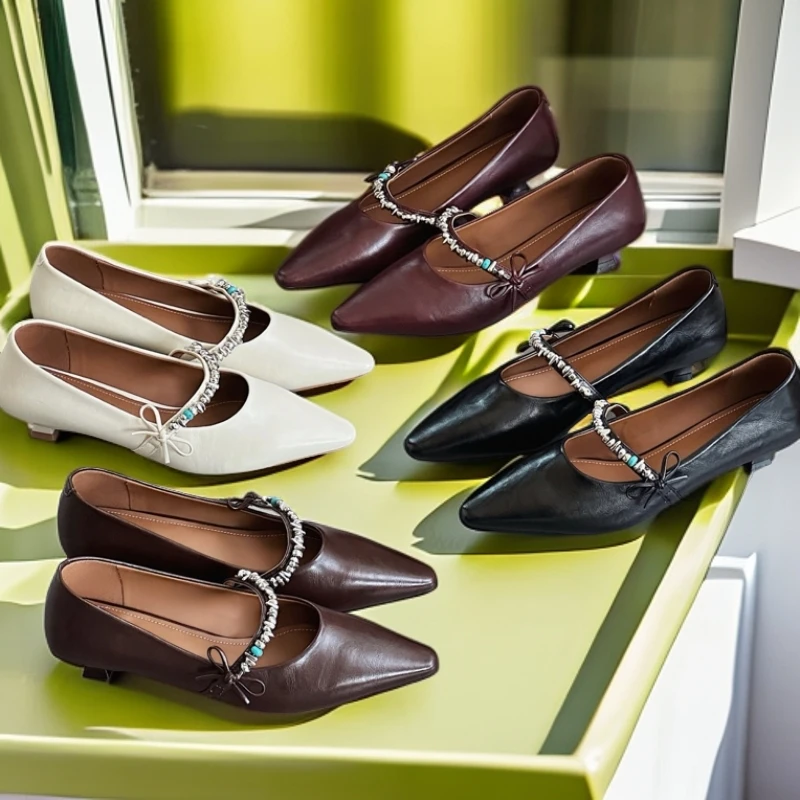 漫斯贝尔韩版气质一字带金属单新款秋季细跟玛丽珍浅口洋气小皮鞋