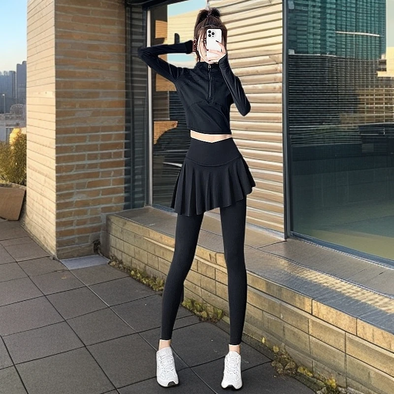 户外显瘦假两件健身瑜伽服女高腰速干透气晨跑运动套装休闲时尚春