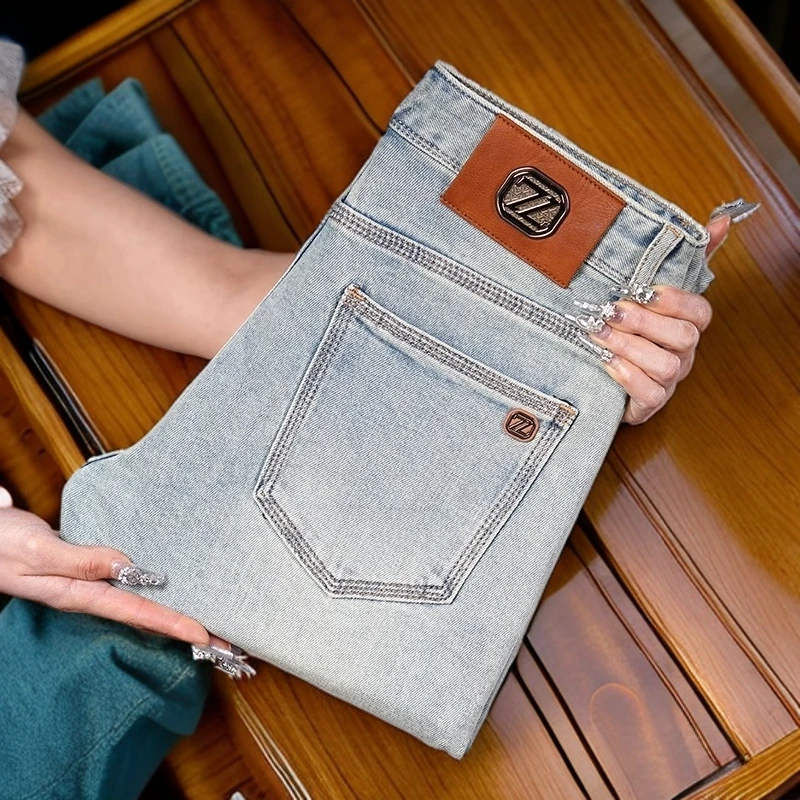 维斯克纳薄款浅色男士牛仔裤修身小脚弹力休闲百搭夏季男长裤子