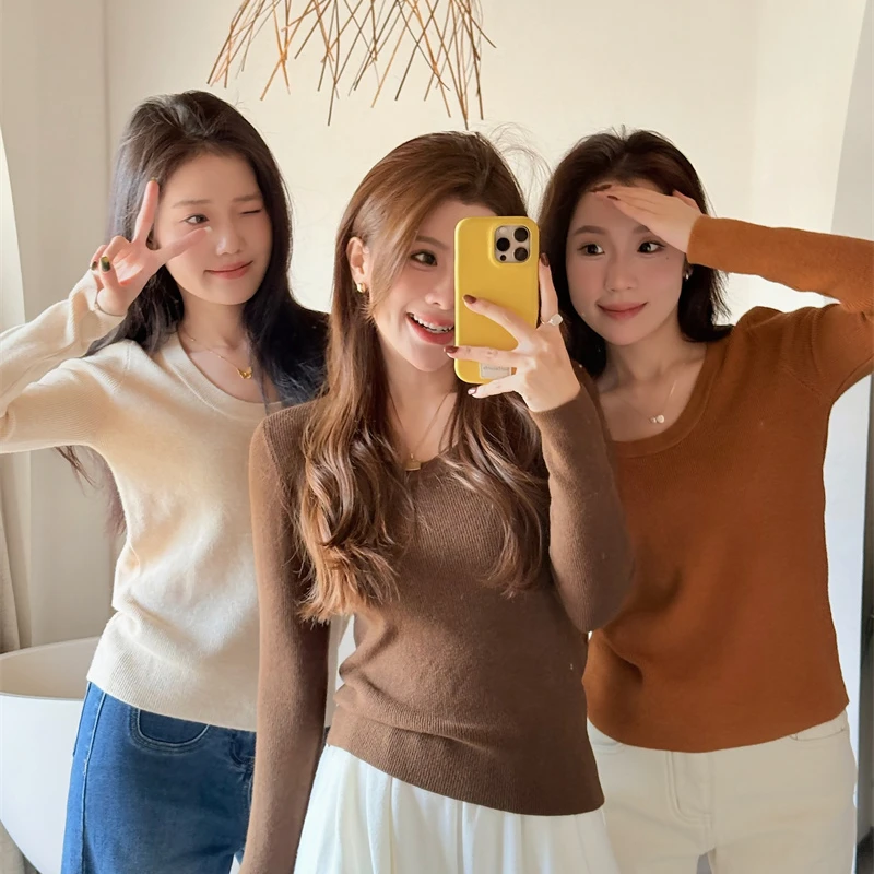 YPP!【冬日好朋友】韩系多色软糯好穿U领修身显瘦长袖针织打底上衣