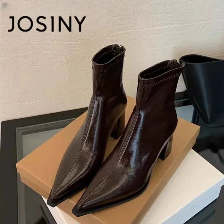 卓诗尼法式百度高跟鞋短靴2025秋冬季新款气质女中筒弹力靴瘦瘦靴