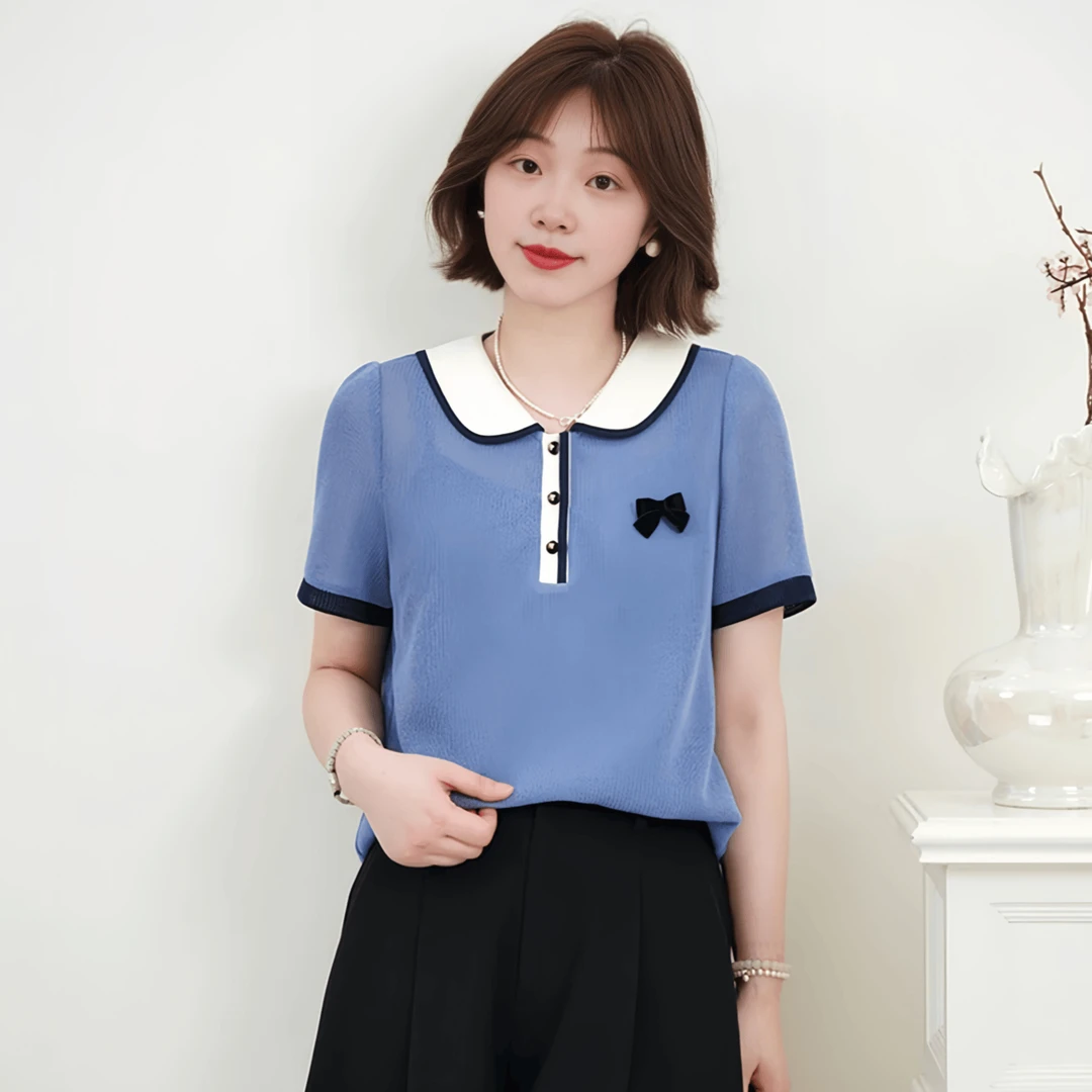 撞色减龄娃娃领短袖T恤女2025夏季大码新款胖MM显瘦薄款吊带上衣