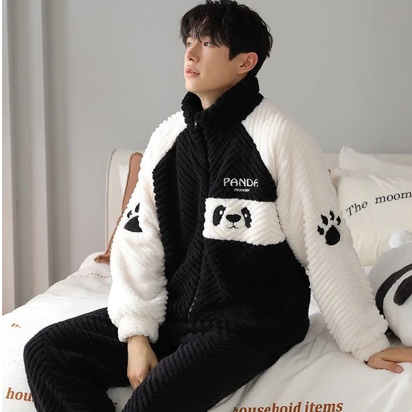 睡衣男秋冬加厚法兰绒双面珊瑚绒家居服大码保暖拉链款情侣套装