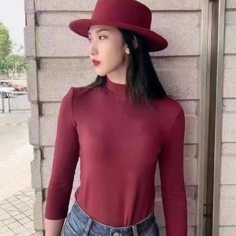 女装德绒半高领酒红色T恤5300648-3025
