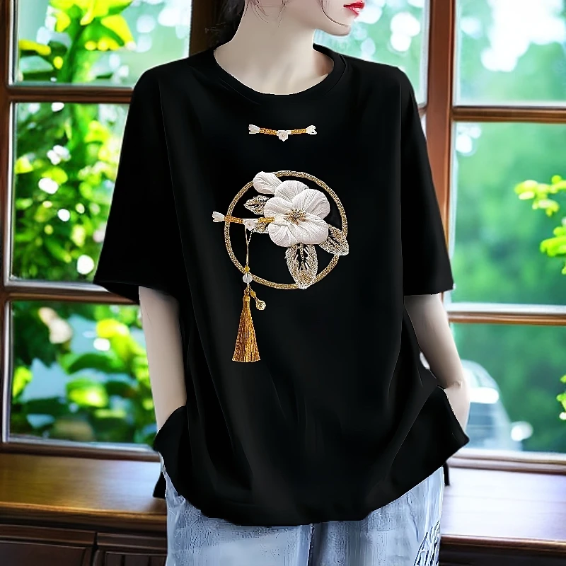 100%纯棉短袖T恤女夏季国风民族风大码200斤宽松休闲时尚百搭上衣