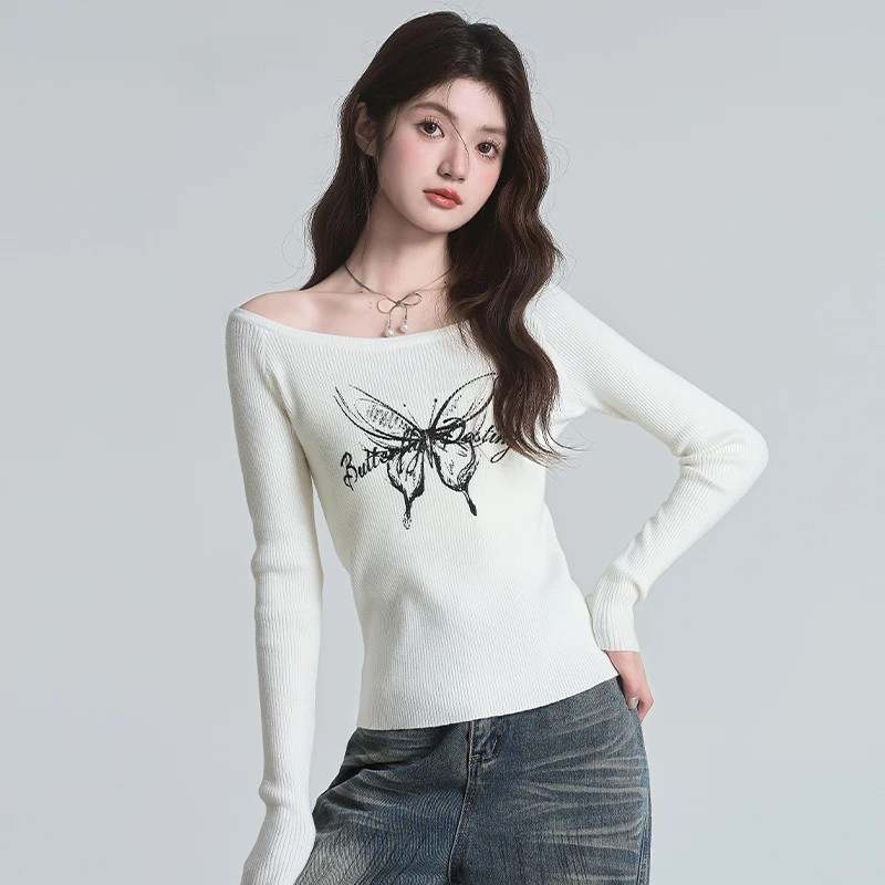 帛卡琪蝴蝶印花一字肩T恤女装春秋季百搭气质显瘦露肩收腰上衣潮