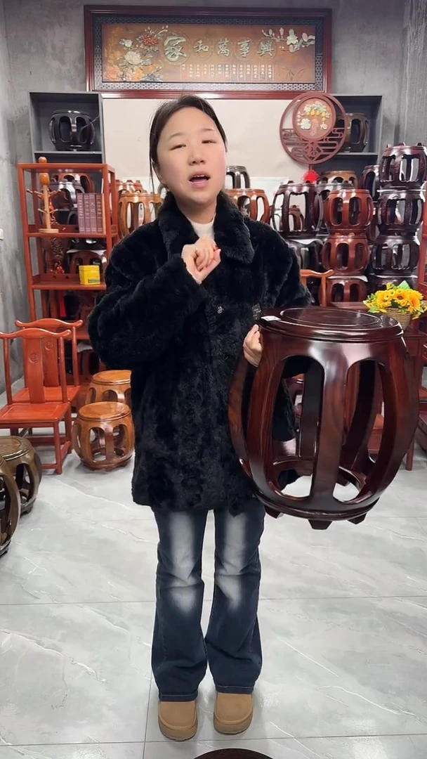 花梨木类家具【微瑕】胡桃色大号鼓凳2号