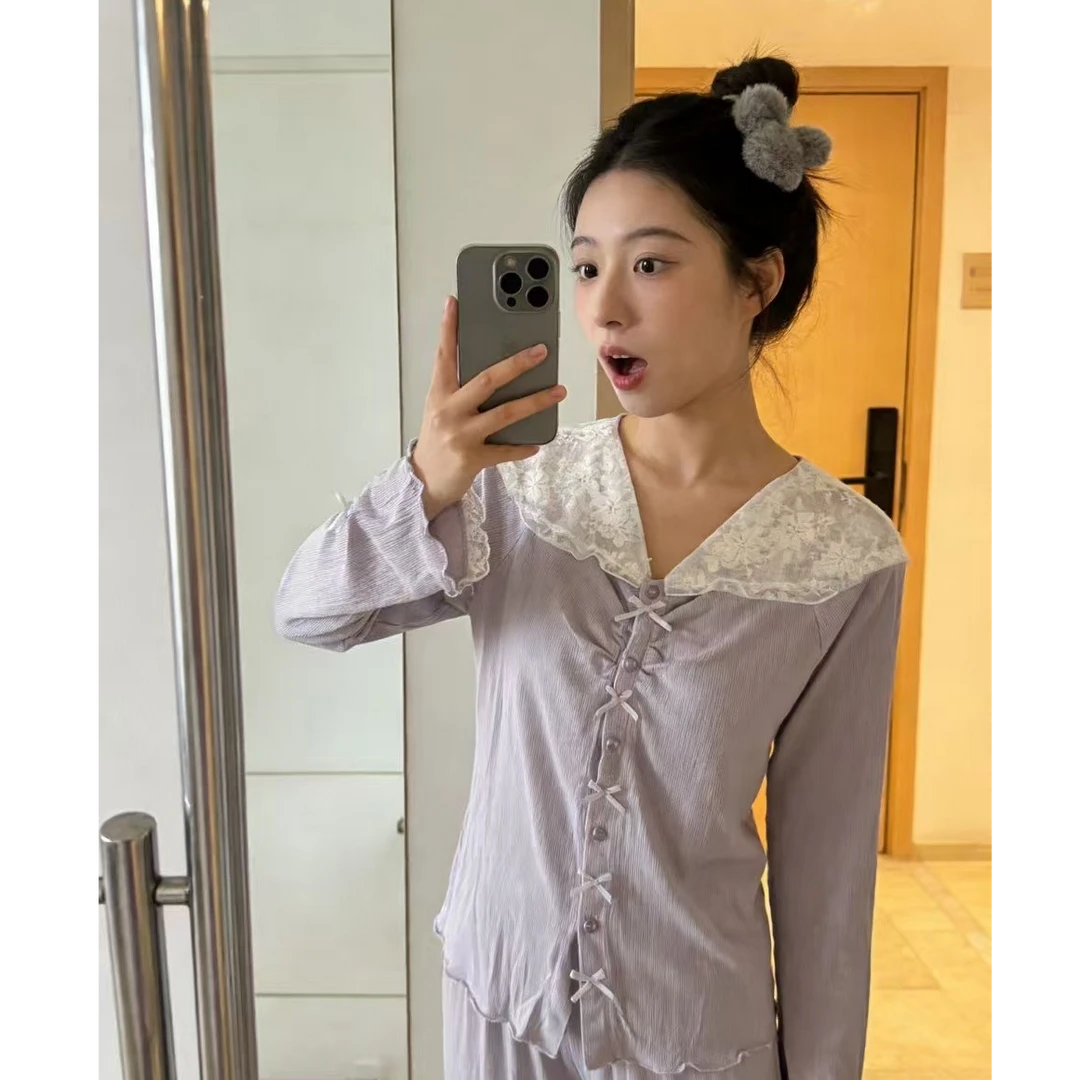 2025新款春秋季带胸垫女士睡衣长袖长裤可外穿家居服套装