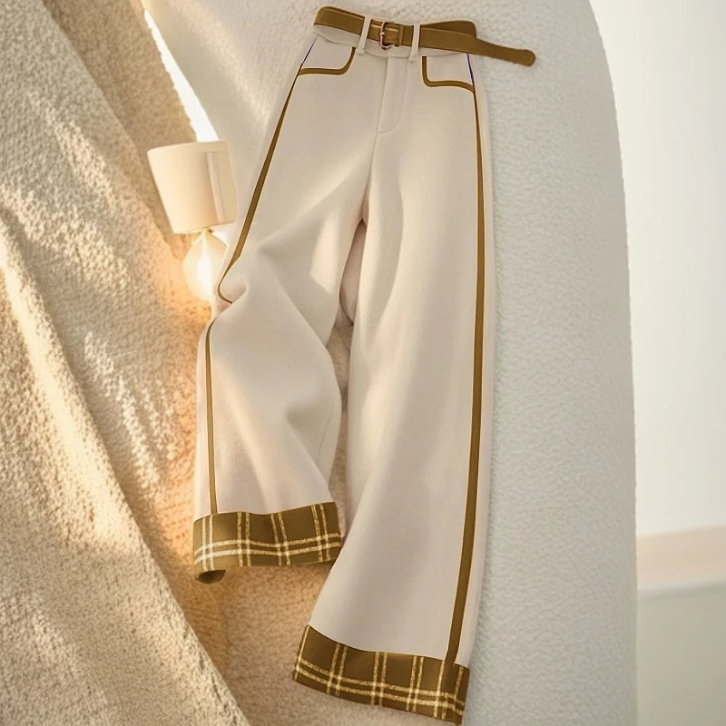 2025年早春新款小个子高级感独特别致高腰白拼黄格纹直筒阔腿裤女