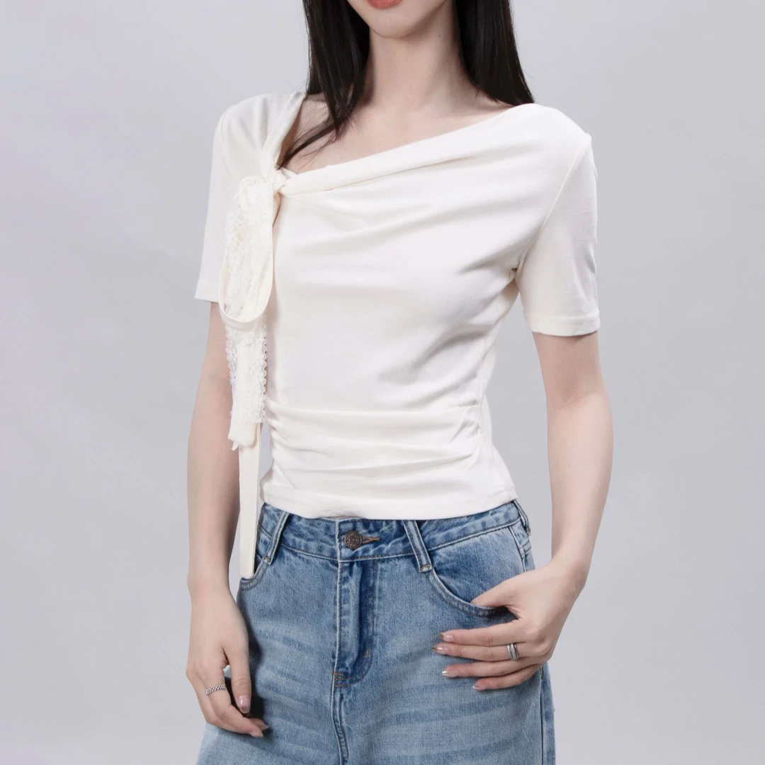 短袖纯色夏季简约宽松纯色T恤吸汗杂志风斜领蝴蝶结