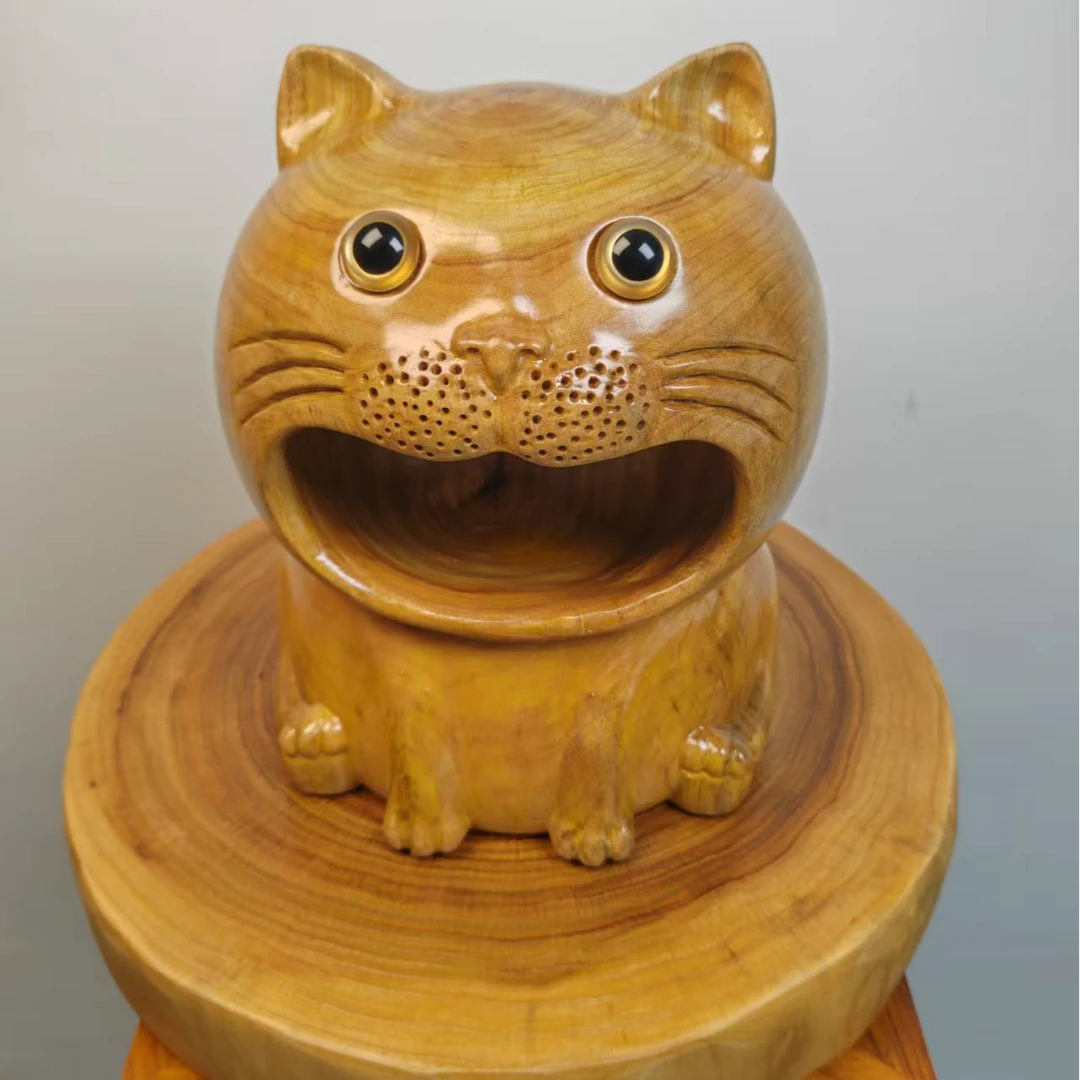 香樟木实木雕刻招财猫摆件 一物一拍 高27cm*22cm*20cm