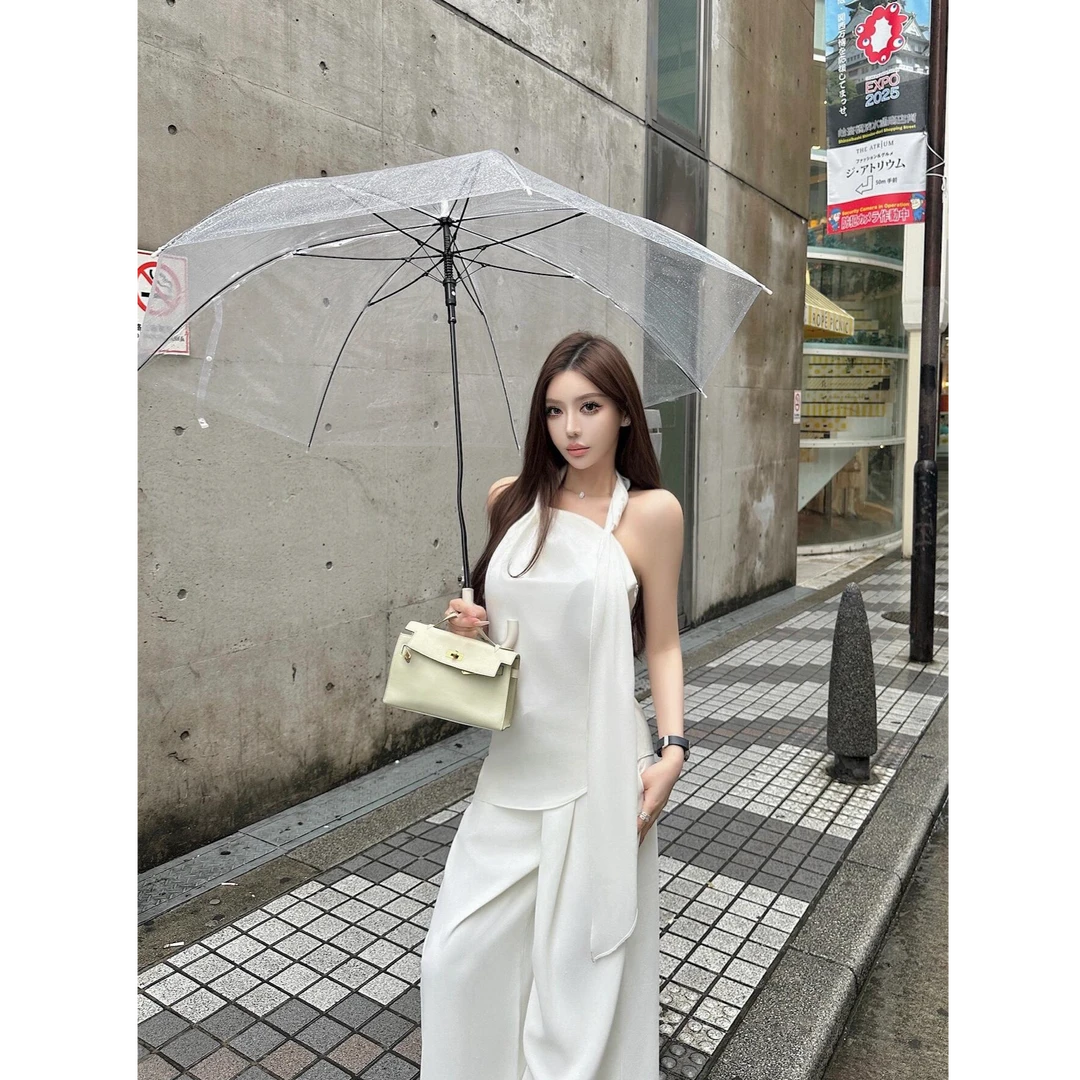 法式时尚气质设计感挂脖一字肩飘带上衣女配垂坠感高腰阔腿裤套装