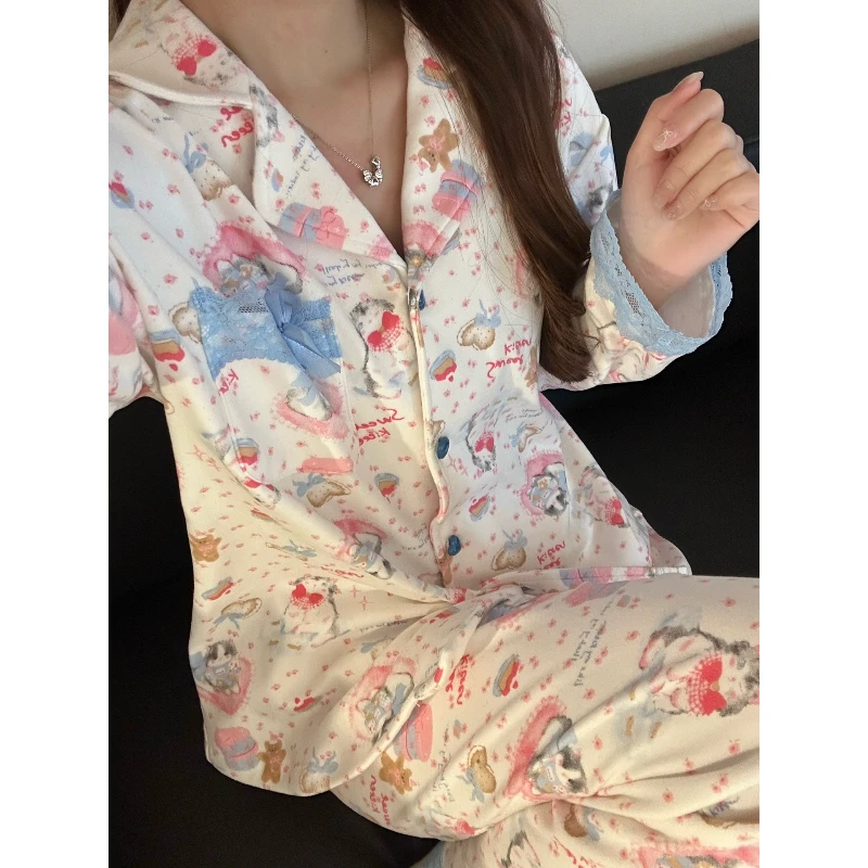 秋冬款甜美小熊德绒睡衣女加绒加厚冬季卡通少女大码家居服套装冬