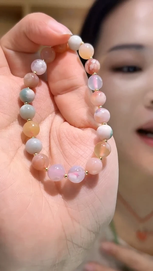 玛瑙/玉髓手串银S925镶嵌8mm樱花玛瑙手串单圈DIY多样性发一