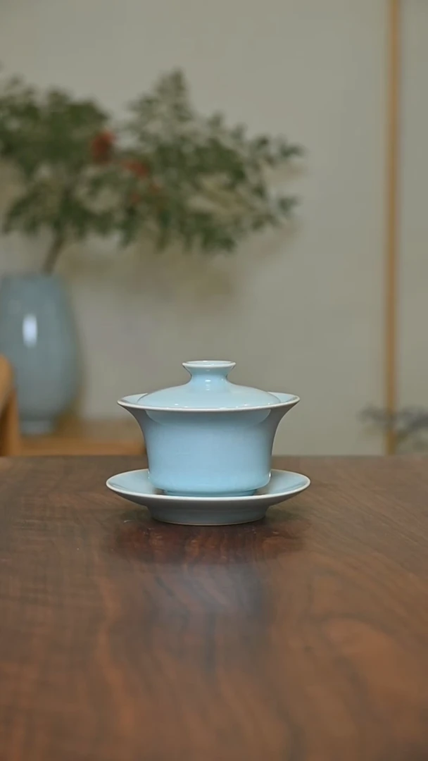 盖碗 天青 微瑕 朱家汝窑款