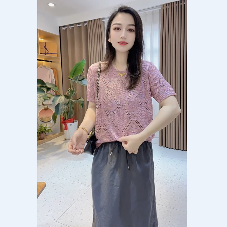 【空调衫】薄款夏季花边圆领镂空短袖套头衫气质百搭宽松针织上衣