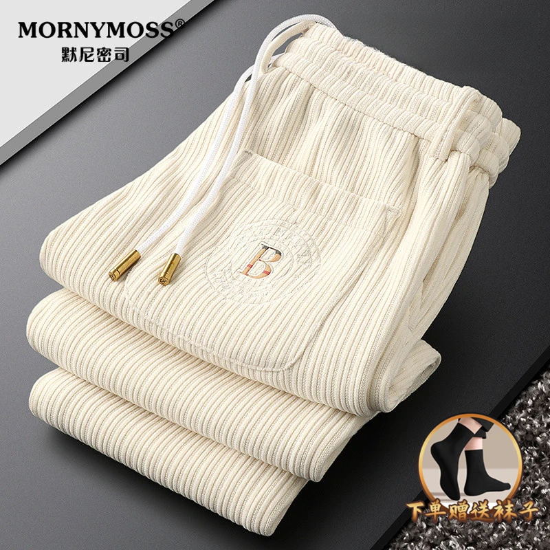 加绒加厚休闲裤男秋冬修身保暖弹力系带运动裤时尚百搭条纹小脚裤