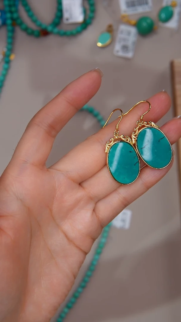 【闪购商品】绿松石耳饰银S925镀金镶嵌1