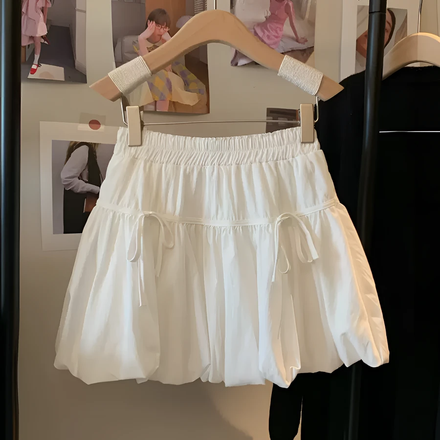 春夏系带蝴蝶结花苞裙甜美显瘦高腰气质半身裙蓬蓬裙A字扩版短裙