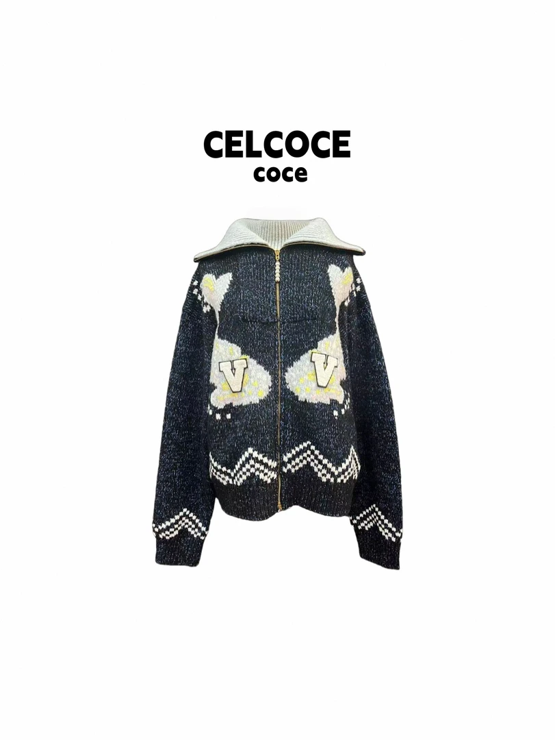 CELCOCE-F01-高级重工植绒毛衣针织刺绣开衫翻领外套南油高端女预