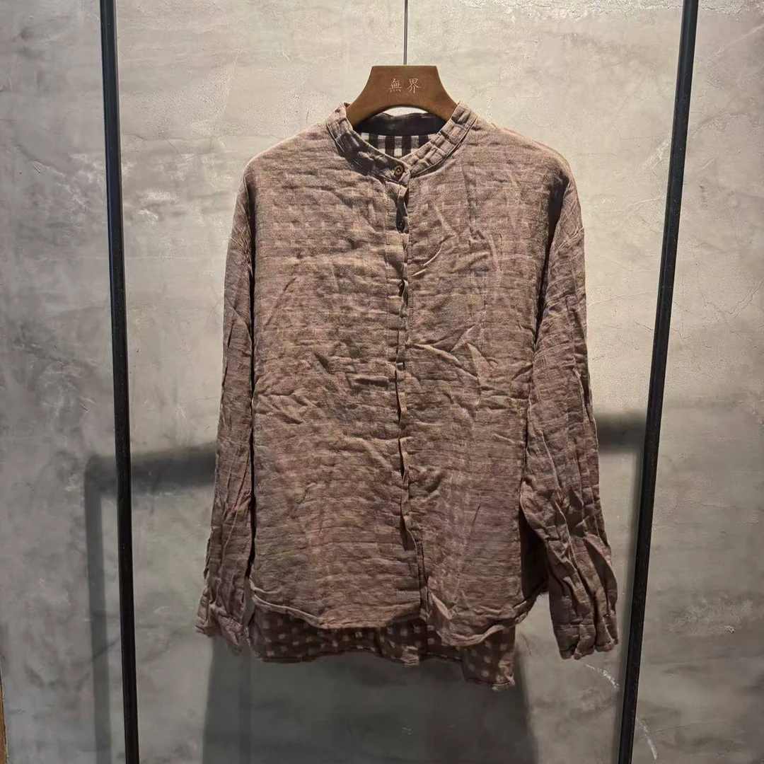 無界原创高品质亚麻复古做旧宽松百搭文艺衬衫