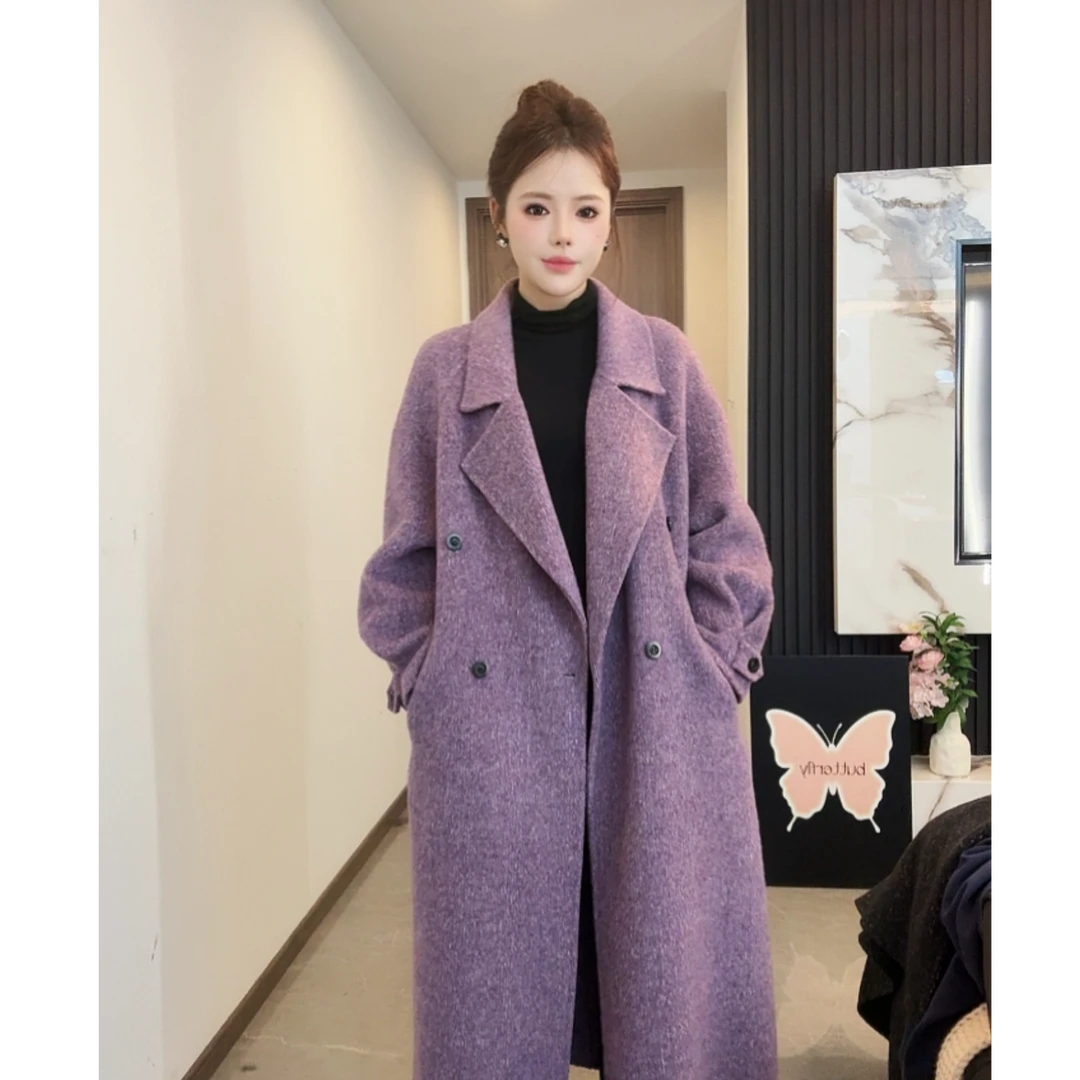 韩版过膝气质显瘦双排扣双面手工羊毛大衣
