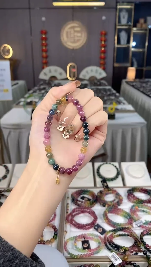 未镶嵌老矿碧玺色标彩虹单圈手串6mm+碧玺dan多样性发货一条