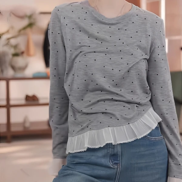 大码高级感灰色波点长袖t恤女秋季2025新款胖MM蕾丝打底衫女内搭