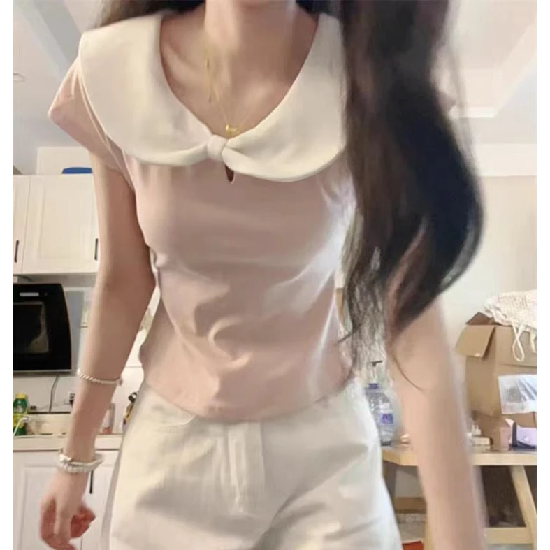 美式甜辣妹娃娃领短袖t恤女夏季设计感小众收腰显瘦别致绝美上衣