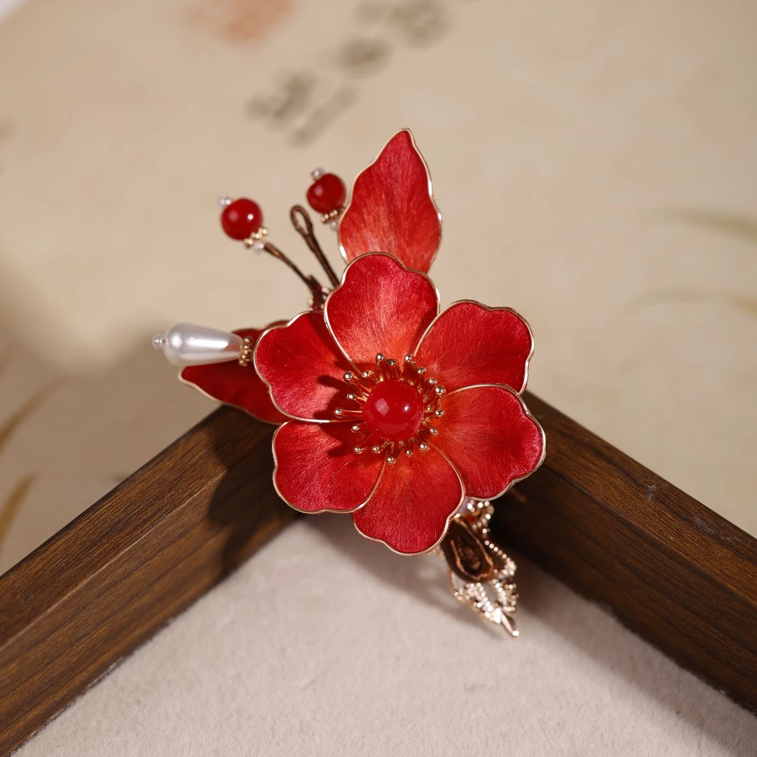 复古宫廷风红色绒花手工发夹边夹新年汉服头饰古风配饰