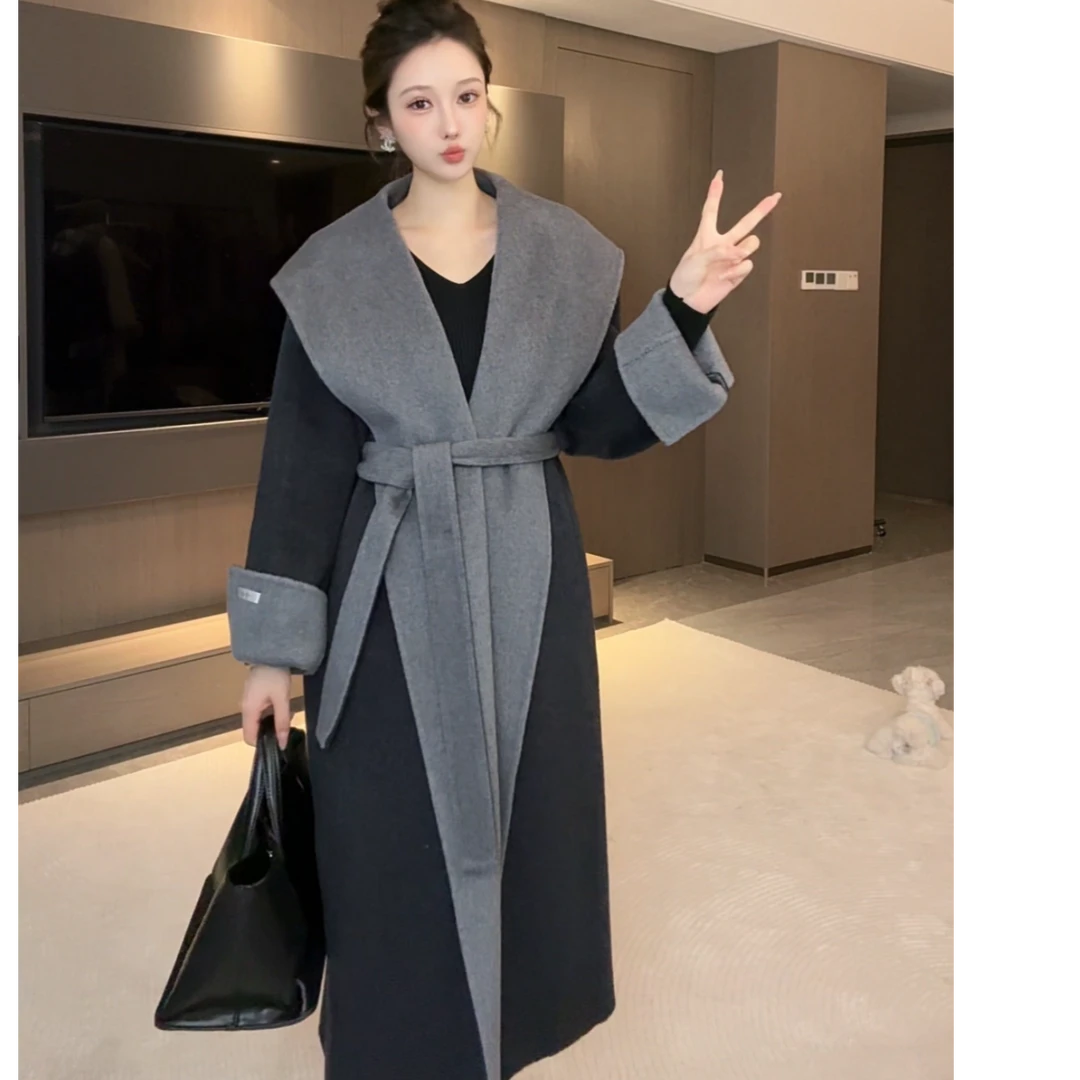 2025秋冬新款女装双面双色连帽绵羊毛大衣气质时尚百搭韩版